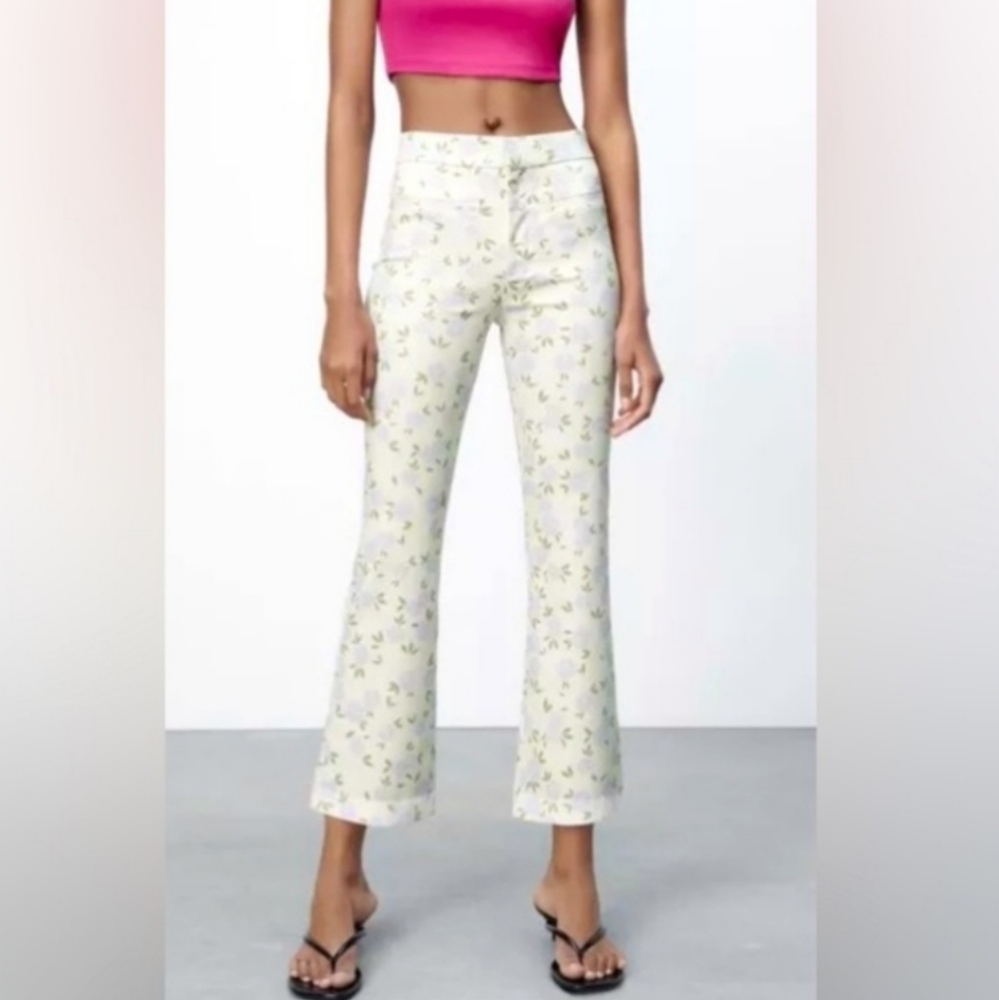 Zara Twill Mid-Rise Floral Print Summer Ankle Pants